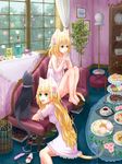  animal_ears bangs barefoot birdcage blonde_hair cage cake cat cat_ears cat_tail checkerboard_cookie cookie cup cupcake flower food green_eyes indoors lamp lingerie long_hair macaron mouse multiple_girls negligee original shiroori_kanade sitting table tail tea teacup tiered_tray tree underwear window 