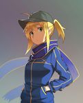  :o ahoge artoria_pendragon_(all) baseball_cap blonde_hair blue_scarf fate_(series) green_eyes hands_in_pockets hat highres jacket long_sleeves looking_at_viewer mysterious_heroine_x ponytail rojiura_satsuki:_chapter_heroine_sanctuary scarf simple_background solo track_jacket tsukamoto_minori 
