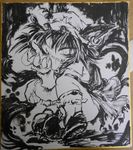  animal_ears bogai chen fingernails hat ink_wash_painting jewelry long_fingernails long_sleeves long_tongue looking_at_viewer mob_cap monochrome multiple_tails sharp_teeth shikishi short_hair smile solo tail teeth tongue touhou traditional_media 
