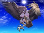  1girl breasts feathers flight green_eyes harpy huge_breasts monster_girl odhiumfree open_mouth paradise_lost talons thick_thighs wings 