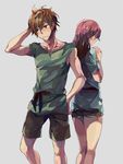  1girl back-to-back blush brown_eyes brown_hair embarrassed hai_to_gensou_no_grimgar hair_down hand_in_hair hand_to_head haruhiro_(grimgar) hetero ishiwari long_hair looking_away messy_hair no_legwear red_eyes red_hair shorts simple_background yume_(grimgar) 