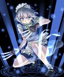  apron blue_dress braid dress gloves glowing hair_ribbon highres inuno_rakugaki izayoi_sakuya knife looking_to_the_side magic_circle maid maid_apron maid_headdress ribbon short_sleeves silver_hair solo squatting touhou tress_ribbon twin_braids waist_apron 