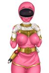  1girl animated animated_gif belt bodysuit breasts chouriki_sentai_ohranger female gloves hands_on_own_chest helmet maruo_momo oh_pink sakuradou simple_background skirt solo super_sentai weapon white_background 