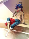  animal animal_on_head bandage_on_face barefoot blue_hair brick_wall brown_gloves eating food gloves hanpan headband highres kanikame male_focus on_head pants pants_rolled_up popsicle red_eyes rody_roughnight shirt_removed shirtless single_glove sitting soaking_feet solo water wild_arms wild_arms_1 