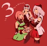  alisa_ilinichina_amiella bare_shoulders black_gloves blue_eyes boots cake chakku_kanda coffee cup daiba_canon elbow_gloves fingerless_gloves food gloves god_eater god_eater_2:_rage_burst hat long_hair looking_at_viewer multiple_girls open_mouth pantyhose pink_hair short_hair silver_hair simple_background skirt smile suspender_skirt suspenders teacup thigh_boots thighhighs 