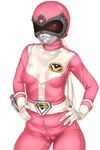  1girl animated animated_gif belt bodysuit breasts dai_sentai_goggle_v female gloves goggle_pink hands_on_hips helmet momozono_miki sakuradou simple_background solo super_sentai weapon white_background 