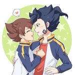  bad_id bad_pixiv_id blue_hair blush brown_hair closed_eyes green_background heart inazuma_eleven_(series) inazuma_eleven_go jacket male_focus matsukaze_tenma multiple_boys open_clothes open_jacket open_mouth profile raimon spoken_heart star t_(toddy_t) track_jacket tsurugi_kyousuke white_background 