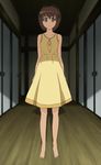  :o amatsume_akira barefoot brown_hair dress hallway highres looking_at_viewer screencap sliding_doors solo wooden_floor yellow_dress yellow_eyes yosuga_no_sora 