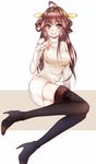  ahoge bad_id bad_pixiv_id bare_shoulders black_footwear black_legwear blush boots brown_eyes brown_hair double_bun finger_to_mouth grin headgear high_heel_boots high_heels kantai_collection kongou_(kantai_collection) long_hair long_legs looking_to_the_side mallizmora no_pants parted_lips revision simple_background sitting smile solo sweater teeth thigh_boots thighhighs very_long_hair white_background zettai_ryouiki 