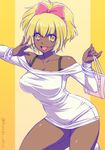  blonde_hair bow bracelet breasts dark_skin dress earrings ganguro hair_bow huge_breasts jewelry juushiko_(osomatsu-san) kuroda_akimi off_shoulder osomatsu-san ponytail short_dress smile solo thick_thighs thighs white_dress wide_hips yellow_eyes 