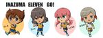  aqua_eyes armband brown_eyes brown_hair character_name chibi full_body hand_on_hip highres ichino_nanasuke inazuma_eleven_(series) inazuma_eleven_go kirino_ranmaru long_hair looking_at_viewer male_focus matsukaze_tenma mizuhara_aki multiple_boys no_pupils pink_hair raimon raimon_soccer_uniform shindou_takuto simple_background smile soccer_uniform sportswear twintails white_background 