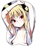  :o armpits arms_up bed_sheet blazblue blonde_hair blush breast_mousepad collarbone flat_chest hair_ribbon kaname_nagi long_hair mousepad open_clothes open_shirt rachel_alucard red_eyes ribbon shirt sidelocks solo twintails 