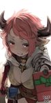  animal_ears artist_name blush breasts cleavage clenched_teeth cow_ears cow_horns cross cross_earrings draph earrings gift granblue_fantasy horns jewelry looking_at_viewer medium_breasts pine pink_hair red_eyes short_hair simple_background solo sturm_(granblue_fantasy) sword teeth weapon white_background 