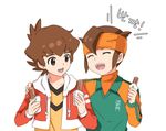  bad_id bad_pixiv_id brown_eyes brown_hair closed_eyes crossover danball_senki endou_mamoru food headband inazuma_eleven_(series) inazuma_eleven_go korean male_focus multiple_boys open_mouth simple_background t_(toddy_t) translation_request upper_body white_background yamano_ban 