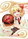  ;d ball blonde_hair commentary_request hair_ribbon kashuu_(b-q) one_eye_closed ookami_(game) open_mouth red_eyes ribbon rumia shirt short_hair skirt smile solo touhou valentine vest yami 
