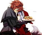  1girl animal_ears biscuit cimeri deere_(fire_emblem_if) fire_emblem fire_emblem_if food gloves grey_hair hood hoodie multicolored_hair orange_hair purple_hair simple_background tail two-tone_hair velour_(fire_emblem_if) white_background wolf_ears wolf_tail 