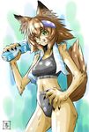  animal_ears breasts brown_hair commentary_request cowboy_shot dog_ears dog_girl dog_tail furry green_eyes hand_on_hip headband kobold licking_lips medium_breasts milk_carton monster_girl monster_musume_no_iru_nichijou navel polt s-now signature snout solo sports_bikini tail tongue tongue_out towel towel_around_neck 