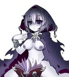  1girl artist_request book breasts cloak gothic hair_between_eyes hood jewelry lich lich_(mamono_girl_lover) lich_(monster_girl_encyclopedia) looking_at_viewer mamono_girl_lover monochrome monster_girl monster_girl_encyclopedia naked_cloak navel nipples pale_skin photoshop purple_eyes purple_nipples short_hair silver_hair solo syannhai-doll undead 