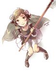  2016 artist_name blush boots brown_eyes brown_hair cape fire_emblem fire_emblem_if flower freckles from_above full_body hair_flower hair_ornament knee_boots looking_at_viewer mozume_(fire_emblem_if) naginata piano_(agneschen) polearm simple_background sitting skirt solo weapon white_background white_flower white_skirt 