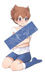  adapted_costume anger_vein bad_id bad_pixiv_id blush brown_hair earth_eleven inazuma_eleven_(series) inazuma_eleven_go korean male_focus matsukaze_tenma multiple_boys no_shoes revealing_clothes simple_background sitting socks t_(toddy_t) translation_request tsurugi_kyousuke white_background yokozuwari 