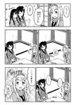  4girls :d :t akagi_(kantai_collection) alternate_costume blush coat comic commentary crossed_bandaids eating food fruit greyscale hair_ribbon hairband hanten_(clothes) jitome kaga_(kantai_collection) kantai_collection kotatsu long_hair long_sleeves mandarin_orange monochrome multiple_girls nose_blush open_mouth ponytail ribbon sakimiya_(inschool) scarf short_hair shoukaku_(kantai_collection) side_ponytail smile sparkle_background spoken_ellipsis sweatdrop table tasuki translated twintails under_kotatsu under_table younger zuikaku_(kantai_collection) |_| 