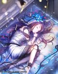  android brown_hair cable dragon's_shadow dress electricity fetal_position flower from_above hair_flower hair_ornament highres long_hair official_art plantar_flexion sleeping solo sparks strapless strapless_dress virus_(obsession) watermark white_dress 