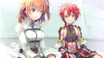  1girl ahoge alexander_(fate/grand_order) braid chaldea_uniform fate/grand_order fate_(series) fujimaru_ritsuka_(female) kiryuu_mina long_hair looking_at_another midriff one_side_up open_mouth red_eyes red_hair short_hair short_hair_with_long_locks sideways_glance sitting smile 