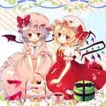  :q bad_id bad_pixiv_id bat_wings blonde_hair brooch cake card chui_lingpii cup dress flandre_scarlet food hair_between_eyes hat high_heels jewelry lavender_hair looking_at_viewer macaron mob_cap multiple_girls open_mouth pink_dress playing_card puffy_short_sleeves puffy_sleeves red_dress red_eyes remilia_scarlet shoes_removed short_hair short_sleeves sitting smile spoon striped striped_background teacup tiered_tray tongue tongue_out touhou v_arms wings 