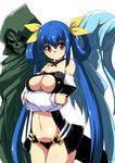  2girls asymmetrical_wings bangs bare_shoulders blue_hair breast_hold breasts cleavage cleavage_cutout cowboy_shot crossed_arms detached_collar detached_sleeves dizzy grin guilty_gear guilty_gear_xrd hair_between_eyes hair_rings hood kaname_nagi large_breasts long_hair looking_at_viewer midriff multiple_girls navel necro_(guilty_gear) panties parted_lips profile red_eyes revealing_clothes ribbon sidelocks simple_background skeleton smile strapless tail twintails underwear undine_(guilty_gear) very_long_hair white_background wings yellow_ribbon 