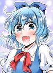  blouse blue_dress blue_eyes blue_hair blush bow cirno commentary_request dress dress_shirt fang hair_bow ice ice_wings looking_at_viewer mabo-udon open_mouth puffy_short_sleeves puffy_sleeves red_bow red_ribbon ribbon shirt short_hair short_sleeves smile solo touhou white_blouse white_shirt wings 