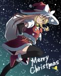  ;) arm_warmers bag bell belt black_legwear blonde_hair blush boots braid carrying_over_shoulder christmas dutch_angle grin hair_ribbon hand_on_hip hat hat_ribbon highres holly inuno_rakugaki kirisame_marisa leg_up long_hair looking_at_viewer merry_christmas mittens night night_sky one_eye_closed pom_pom_(clothes) ribbon santa_costume santa_hat side_braid sky smile smirk snow solo thighhighs touhou tress_ribbon v-shaped_eyebrows witch_hat yellow_eyes 