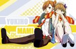  brown_eyes brown_hair futami_mami hagiwara_yukiho hat hiroaki_(huruhonya) idolmaster idolmaster_(classic) long_hair multiple_girls scarf shared_scarf short_hair side_ponytail 