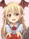  :d blonde_hair box fang gift gift_box granblue_fantasy hazuki_mahiro head_wings heart-shaped_box long_hair open_mouth pointy_ears red_eyes shingeki_no_bahamut shirt smile solo tail valentine vampy 