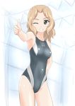  absurdres bad_id bad_twitter_id blonde_hair blue_eyes breasts competition_swimsuit girls_und_panzer highres inactive_account kay_(girls_und_panzer) long_hair medium_breasts one-piece_swimsuit one_eye_closed solo standing swimsuit takafumi thumbs_up 