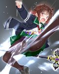  belt black_legwear blush bow bow_panties brown_hair commentary crescent crescent_moon_pin gradient_hair green_skirt highres holding holding_staff jacket kamen_rider kamen_rider_blade_(series) kamen_rider_leangle kantai_collection long_sleeves mtu_(orewamuzituda) multicolored_hair mutsuki_(kantai_collection) namesake open_clothes open_jacket open_mouth panties panties_under_pantyhose pantyhose pantyshot pleated_skirt red_hair remodel_(kantai_collection) rider_belt school_uniform serafuku shoes short_hair skirt solo staff thighband_pantyhose underwear weapon white_panties 