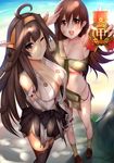  :d ;) ahoge bare_shoulders beach blush boots breasts brown_hair detached_sleeves double_bun hairband headgear highres japanese_clothes kantai_collection kongou_(kantai_collection) large_breasts loafers long_hair looking_at_viewer medal multiple_girls no_bra one_eye_closed ooi_(kantai_collection) open_mouth panties purple_eyes ribbon-trimmed_sleeves ribbon_trim saliva school_uniform serafuku shade shirt shoes skirt smile thigh_boots thighhighs tony_guisado torn_clothes torn_shirt torn_skirt underwear white_panties zettai_ryouiki 