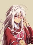  ahoge bead_necklace beads frown glasses highres jewelry kanikame long_hair male_focus necklace pendant red_eyes rouge_(saga_frontier) saga saga_frontier solo upper_body white_hair 