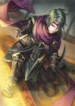  circlet fire_emblem fire_emblem_cipher fire_emblem_if gloves green_hair highres kunai male_focus ninja official_art p-nekor scarf sitting solo suzukaze_(fire_emblem_if) weapon 