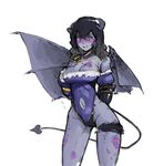  bare_shoulders black_hair bloodstained:_ritual_of_the_night borvar breasts cleavage demon_girl demon_tail demon_wings grey_eyes grey_skin horns large_breasts long_hair looking_at_viewer miriam_(bloodstained) navel simple_background smile solo succubus tail white_background wings 