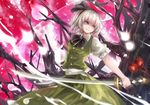  bare_tree blue_eyes bow collared_shirt dual_wielding frilled_skirt frills green_skirt green_vest hairband hitodama holding holding_sword holding_weapon katana konpaku_youmu konpaku_youmu_(ghost) light_particles looking_to_the_side motion_blur pink_sky serious shaded_face shirt short_hair short_sleeves silver_hair skirt skirt_set solo sword touhou tree vest weapon white_shirt zhen_panxie 