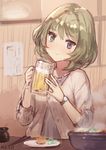  alcohol artist_name beer blue_eyes brown_hair casual cup green_eyes heterochromia idolmaster idolmaster_cinderella_girls jewelry looking_at_viewer meto31 mole mole_under_eye mug necklace plate short_hair sketch smile solo takagaki_kaede watch 