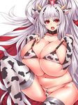  1girl animal_ears blush bra breasts cleavage cow_ears cow_horns cow_print deneb_(hoshizora_no_babylon) erect_nipples fang gigantic_breasts hayama_kazusa highres horns hoshizora_no_babylon long_hair looking_at_viewer navel open_mouth plump red_eyes silver_hair solo thighhighs thong underwear very_long_hair 