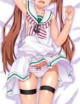  blush bow bow_panties brown_hair dakimakura dress fang head_out_of_frame kantai_collection libeccio_(kantai_collection) long_hair lying okina_ika on_back open_mouth panties sailor_dress sleeveless smile solo striped striped_panties twintails underwear 