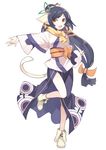  :d ainu_clothes animal_ears black_hair full_body hair_ornament hair_ribbon kanyoko_(yuzukano_17) kuon_(utawareru_mono) leg_up long_hair long_sleeves looking_at_viewer low-tied_long_hair obi open_mouth outstretched_arm ponytail ribbon sash scarf shoes side_slit simple_background smile solo standing standing_on_one_leg tail thighs utawareru_mono utawareru_mono:_itsuwari_no_kamen very_long_hair white_background yellow_eyes 
