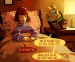 bed blind book brown_hair chest_of_drawers commentary english flower flower_pot flowey_(undertale) frisk_(undertale) grimm's_fairy_tales lamp reading shirt striped striped_shirt stuffed_animal stuffed_toy teddy_bear undertale velocesmells 