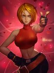  abs baggy_pants bare_shoulders belt blonde_hair blue_eyes blue_mary breasts crop_top fatal_fury fingerless_gloves gloves halterneck highres large_breasts midriff navel pants short_hair solo straight_hair the_king_of_fighters xiaoguimist 