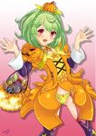  2016 :d basket braid candy chengshu choker cowboy_shot crown_braid dated flower flower_knight_girl food food_themed_hair_ornament green_hair green_panties hair_ornament jack-o'-lantern layered_sleeves lollipop looking_at_viewer open_mouth orange_choker orange_skirt panties pepo_(flower_knight_girl) pink_background pumpkin pumpkin_hair_ornament red_eyes short_hair signature skirt smile solo thigh_strap thighhighs underwear 