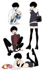  androgynous bag black_hair blazer blush bra casual chips earrings eating food handheld_game_console jacket jewelry long_sleeves looking_at_viewer lying multiple_views nintendo_3ds on_stomach original potato_chips school_bag school_uniform short_hair sitting spread_legs thighhighs underwear yanagida_fumita 