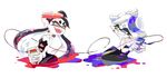  2girls aori_(splatoon) black_hair blue_eyes detached_collar fang food food_on_head game_boy gloves handheld_game_console highres hotaru_(splatoon) inoue_seita link_cable looking_at_another multiple_girls object_on_head official_art paint_splatter pointy_ears pokemon pokemon_(game) pokemon_rgby simple_background smile splatoon_(series) splatoon_1 tentacle_hair unitard white_background white_gloves white_hair yellow_eyes 