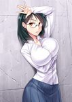  arm_up breast_hold breasts brown_eyes glasses green_hair imada_kozue large_breasts original skirt solo standing wall 